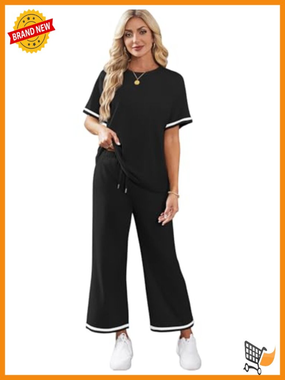 2 Piece Lounge Set Short Sleeve Crew Neck Top Wide Leg Pants with Pockets - Picture 3 of 6